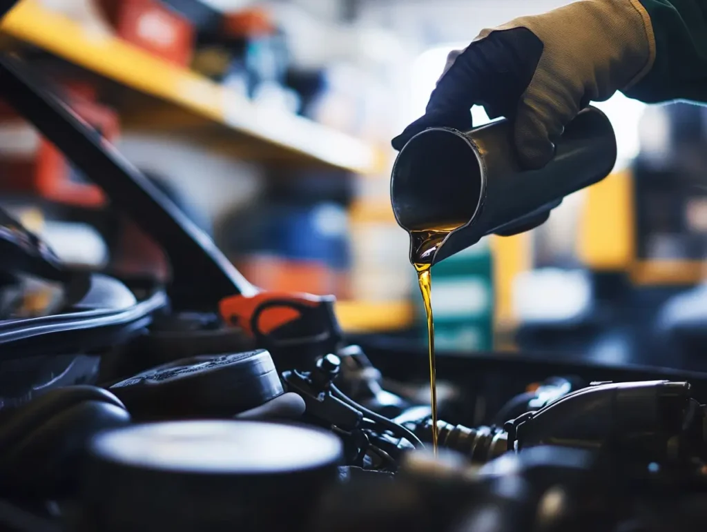 Mécanicien versant de l’huile moteur dans le moteur d’une voiture essence lors d’une vidange en atelier automobile.