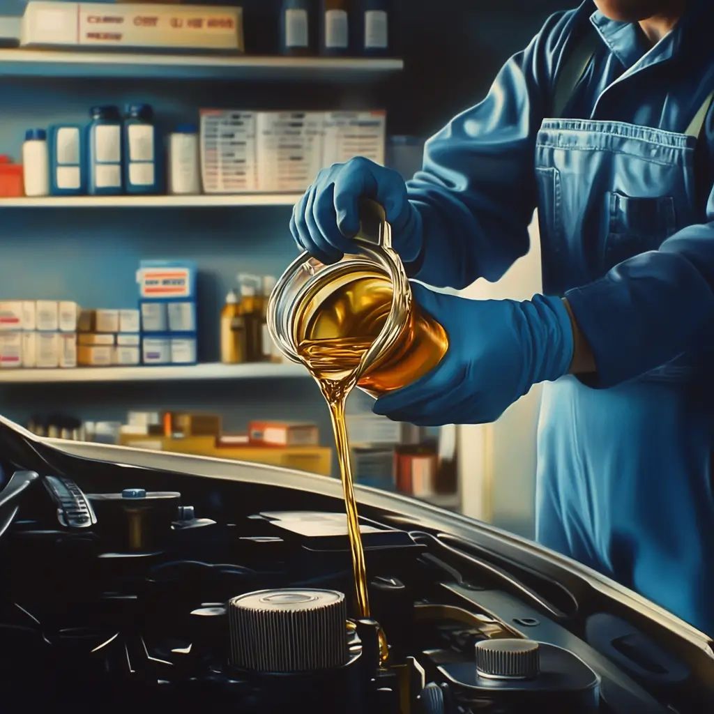 Un mécanicien en combinaison bleue et gants en latex verse de l’huile moteur dorée dans le moteur d’une voiture ouverte, dans un atelier bien approvisionné en produits d’entretien automobile.