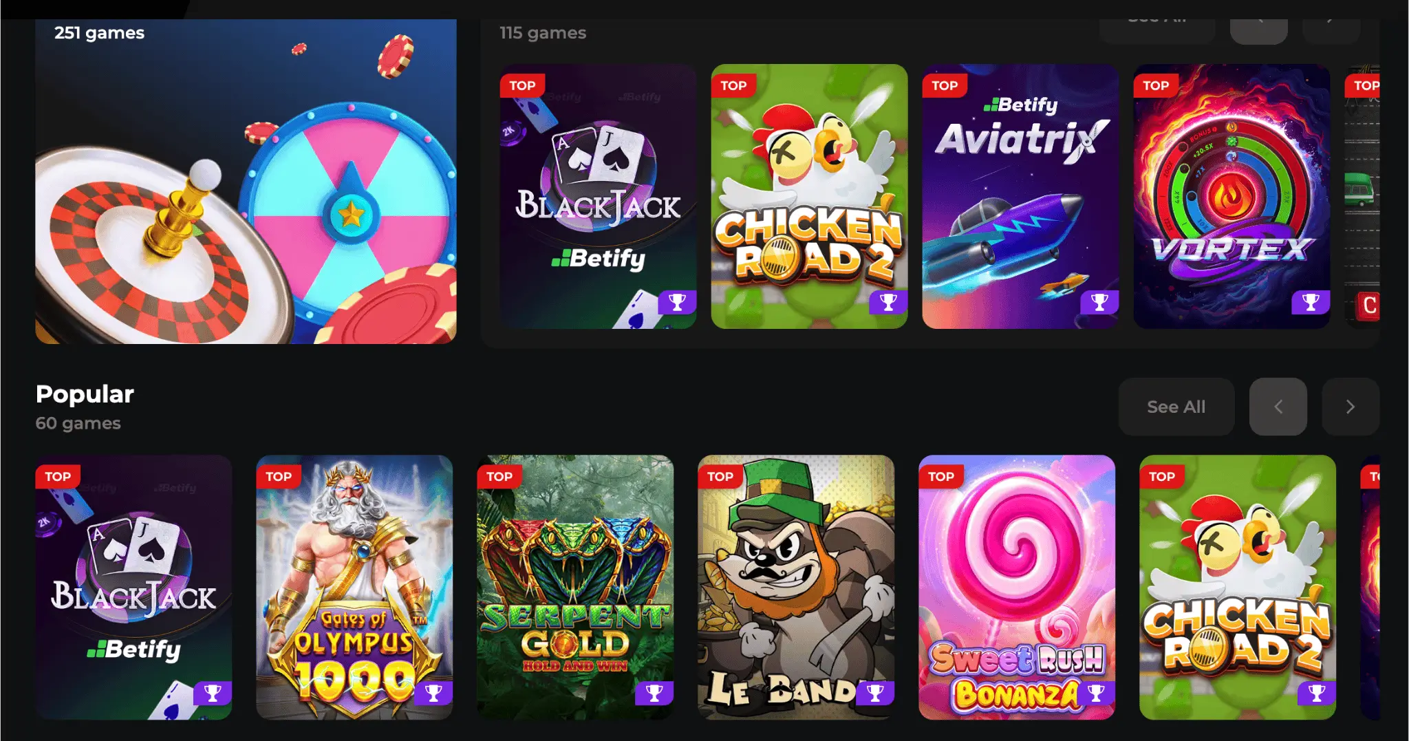 Interface de mini-jeux d’argent sur mobile avec des jeux populaires comme Chicken Road 2, Aviatrix, Blackjack et Sweet Bonanza.