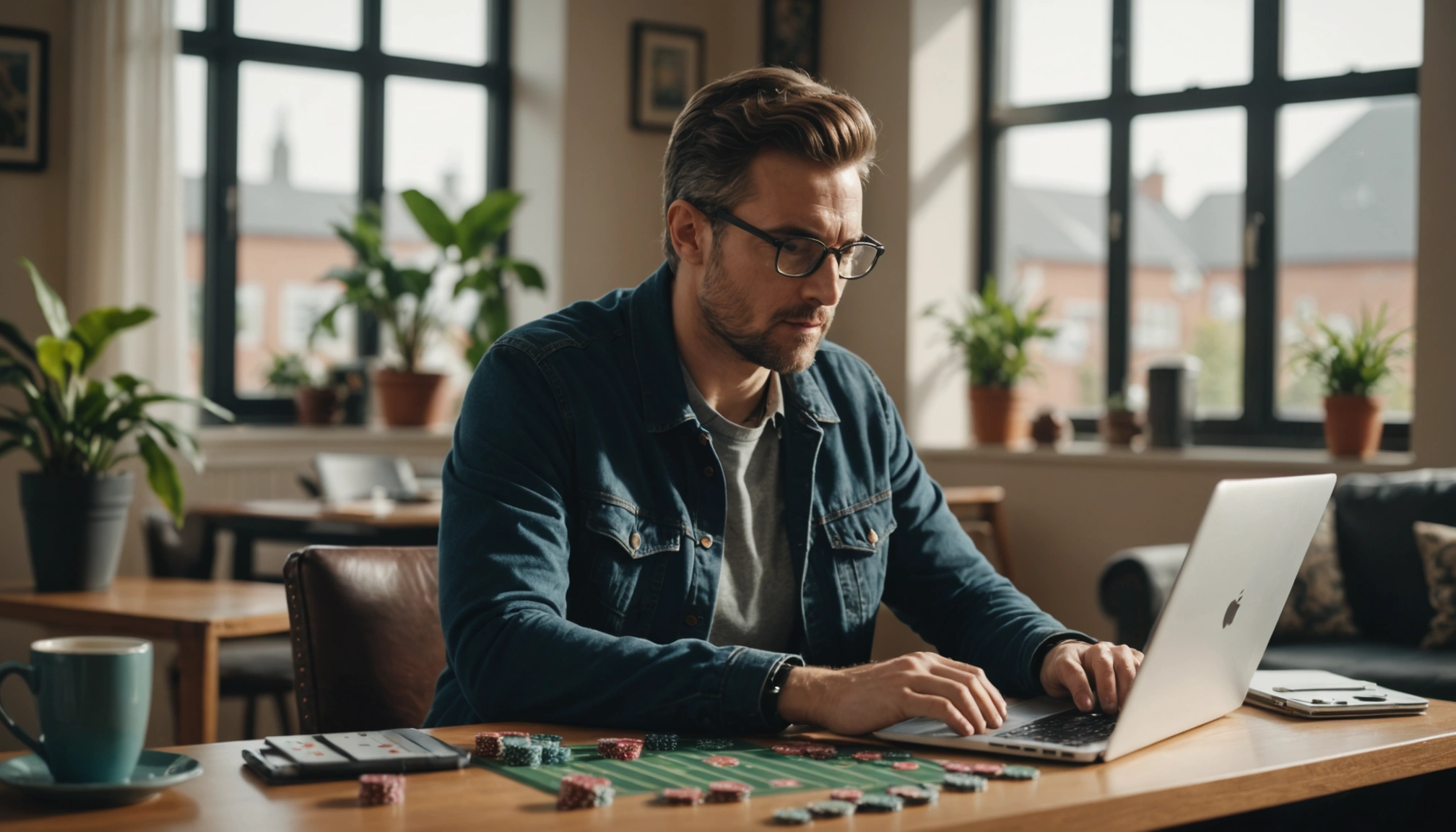 Homme assis devant un ordinateur portable, concentré sur une partie de casino en ligne avec des jetons de jeu sur la table.