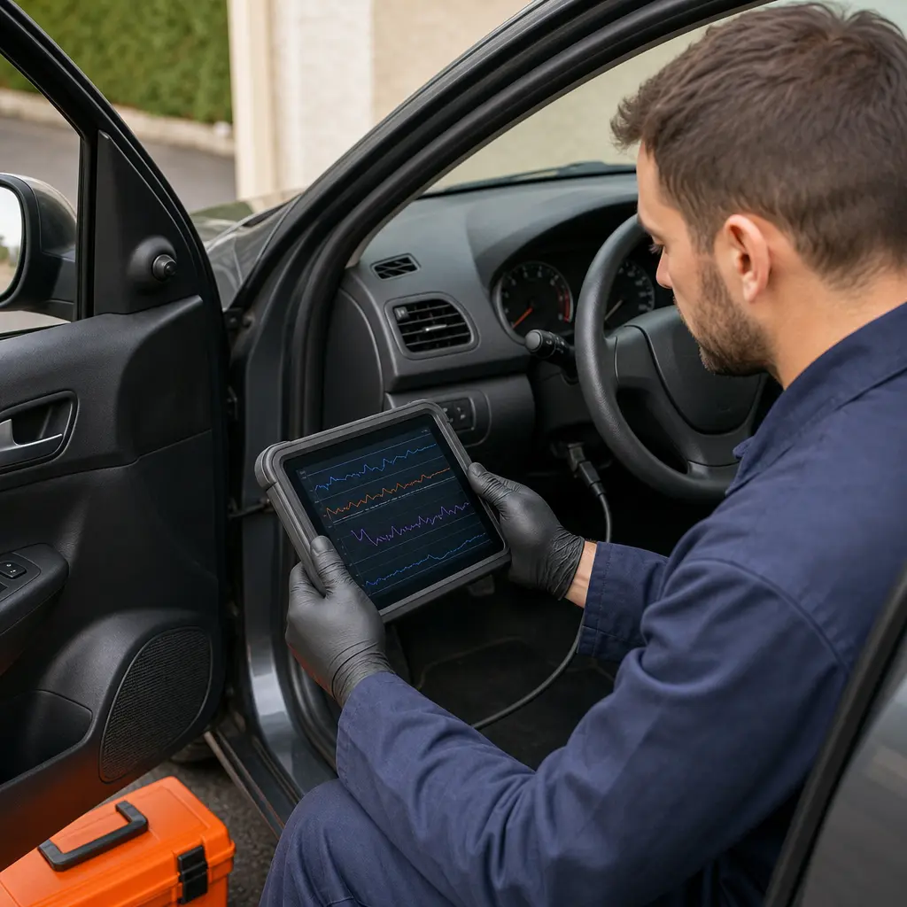 Mécanicien tenant une tablette de diagnostic reliée à la prise d’une voiture, portière conducteur ouverte.